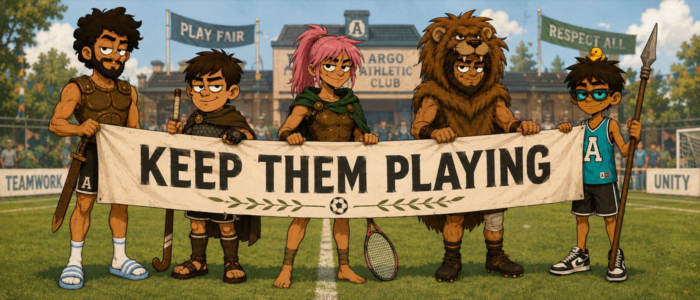 A tripulação do Argo e crianças de um clube seguram um cartaz que diz Keep them playing, em uma quadra com bandeiras de jogo limpo, respeito, equipe e unidade.